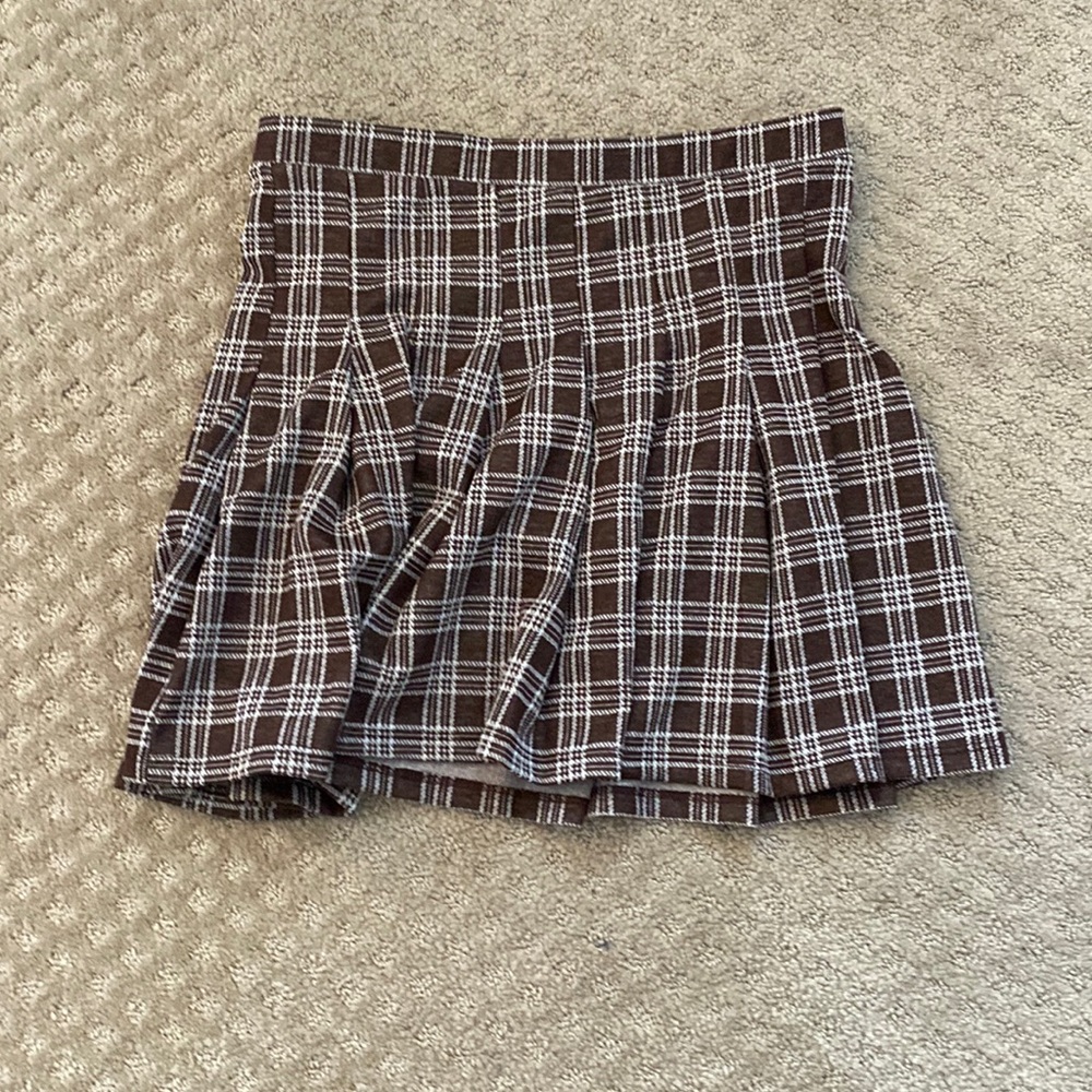 ORIGINALITY PLAID PLEATED BROWN MINI SKIRT